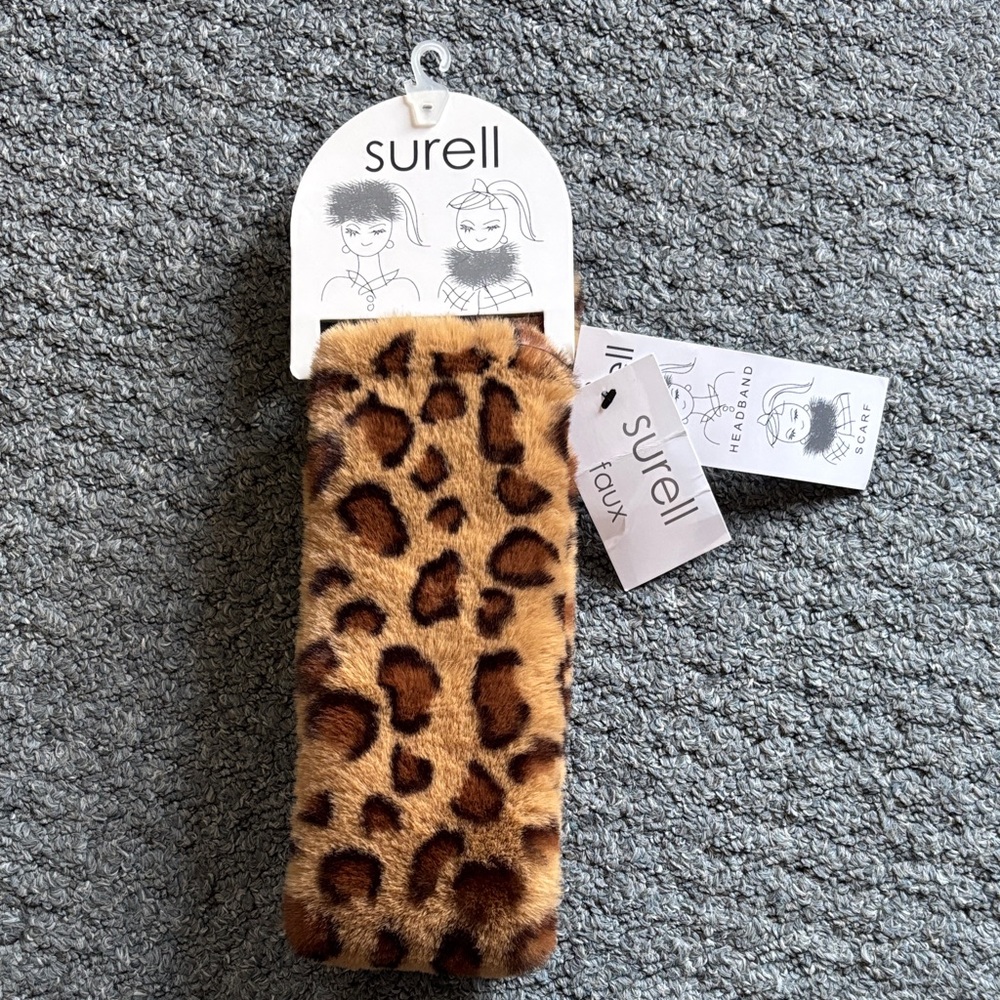 Surell Faux Fur Leopard Headband or scarf in Brown and Dark Brown NWT ski snow